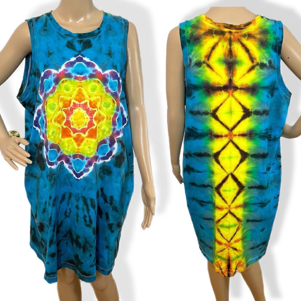 Hand tie dyed sleeveless dress XL mandala starburst rainbow